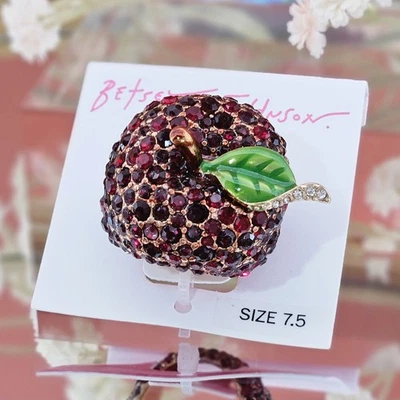 Betsey Johnson Ring 7.5 Red Apple Rhinestone Embellished Fall Winter Christmas - Image 1 of 2