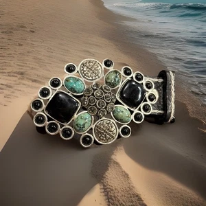 Leather Rock Large 36 Women’s Belt Made In The USA Black And Turquoise Stones - Picture 1 of 10