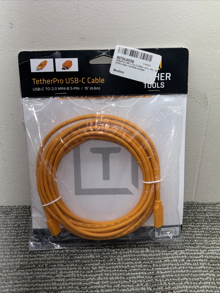 Tether Tools TetherPro USB-C to 2.0 Mini-B 5-Pin Cable, 15', Orange 7652 87 - Image 1 of 4
