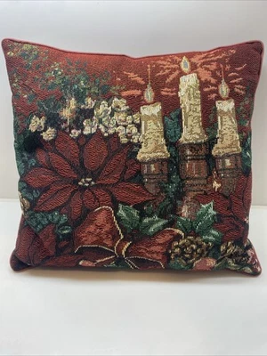 "Tapiz Navidad Almohada Poinsettias Candelabros Rojo Profundo Verde y Dorado 14x13""" Foto 1 de 4