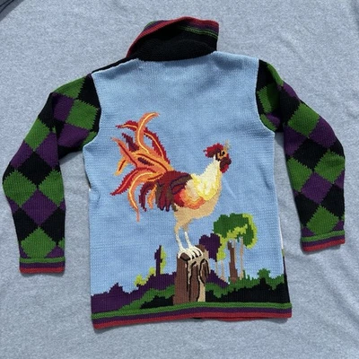 Storybook Knits Vintage Rooster Intarsia Cardigan Country Sweater Blue SMALL - Image 1 of 4