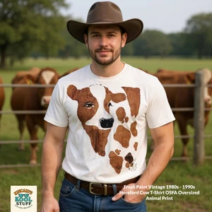 Fresh Paint Vintage 1980s/1990s Hereford Cow T-Shirt OSFA Oversized Animal Print - Picture 1 of 9
