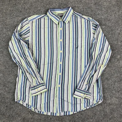 Nautica Button-Up Shirt Mens L Striped Blue Green Long Sleeve Cotton Casual - Image 1 of 4