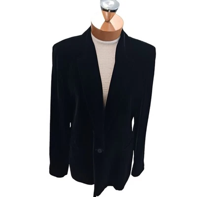 10码复古Emanuel Ungaro女式西装外套黑色天鹅绒正式人造丝混纺90年代 — 第 1/4 张图片