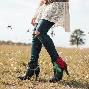 Women 2PCS Boot Chain Bracelet Flower Patch Embroidery Shoe Band Anklet Handmade - Picture 1 of 24