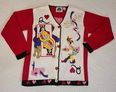 Vintage Queen Of Hearts Cardigan Sweater (S) Storybook Knits Love Cards Kitsch - Image 1 of 4