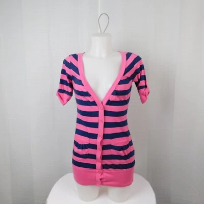 Cárdigan Energie Manga Corta Botón Bolsillo Frontal Rosa-Azul Marino Rayas, Pequeño #6806 Foto 1 de 4