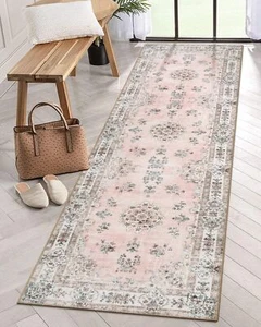 Lahome Pink Runner Rug 2'6"x8' with Rubber Backing, Boho Machine Washable Car... - Picture 1 of 7