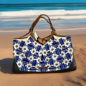 Lucky Brand Surf Blue & Natural Majorca Canvas Large Tote Handbag Purse LB2461 - Picture 1 of 15