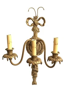 Antike Messing Wandleuchter Schleife und Quaste drei Lichter um 1920 - Bild 1 von 8