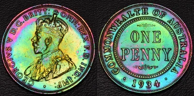 1934 Australia Penny Melbourne Mint STUNNING RAINBOW TONING OBV & REV (L42-41) - Image 1 of 3