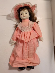 18 Inch Vintage Brunette Porcelain Doll In Pink & White Necklace Dress - Picture 1 of 17
