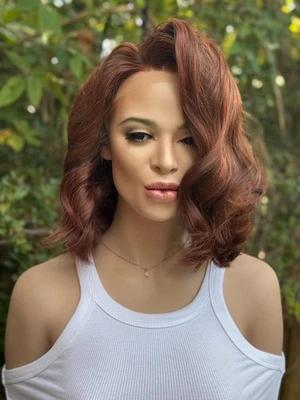 Human Hair Blend Lace Front Wig | Auburn Reddish Brown | Hand-Tied Free Part - Image 1 of 4