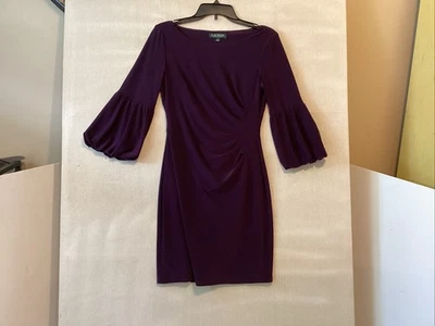 lauren ralph lauren dress 4 purple ruched 3/4 bell sleeve lined - Image 1 of 4