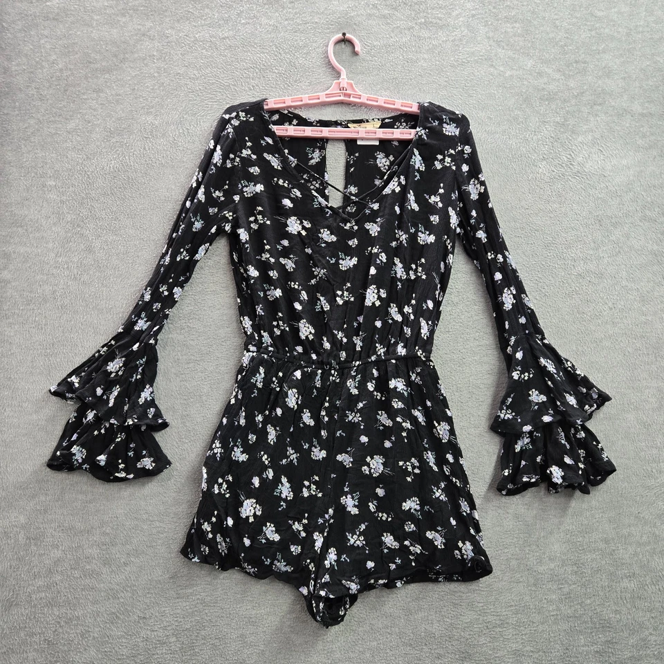 Mameluco Hollister Mujer L Negro Floral Viscosa Volantes Manga Foto 1 de 4