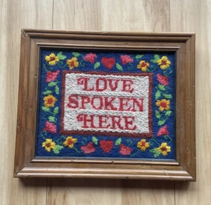 VTG Needlepoint Crewel Wool Framed LOVE SPOKEN HERE Valentine Heart Finished - Picture 1 of 10