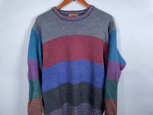 VTG Boston Traders Pure Wool Sweater Adult Large Dark Red Gray Striped Pattern - Picture 1 of 12
