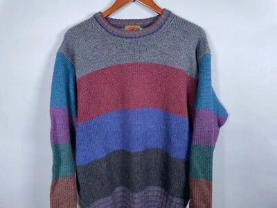 VTG Boston Traders Pure Wool Sweater Adult Large Dark Red Gray Striped Pattern - Image 1 of 4