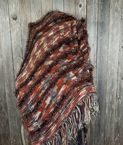 Afghan Hand Knitted Throw Blanket Rust Multi Handmade Sparkly Fringed NEW Gift - Picture 1 of 10