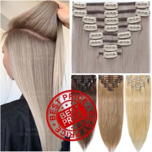 S-noilite Clip In Remy Human Hair Extensions Full Head Weave Grey Straight THICK - Picture 1 of 34