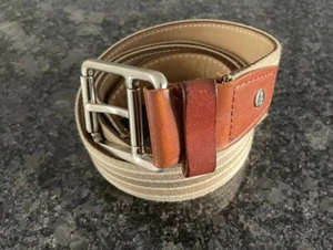 Lacoste Casual Belt Size 32 Tan Striped Texture with Brown Leather Nautical - Picture 1 of 9