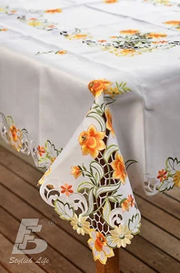 Oblong TableCloth Embroidered Orange Daffodil 134x180cm (54x72in) STOCKS IN SYD - Picture 1 of 6