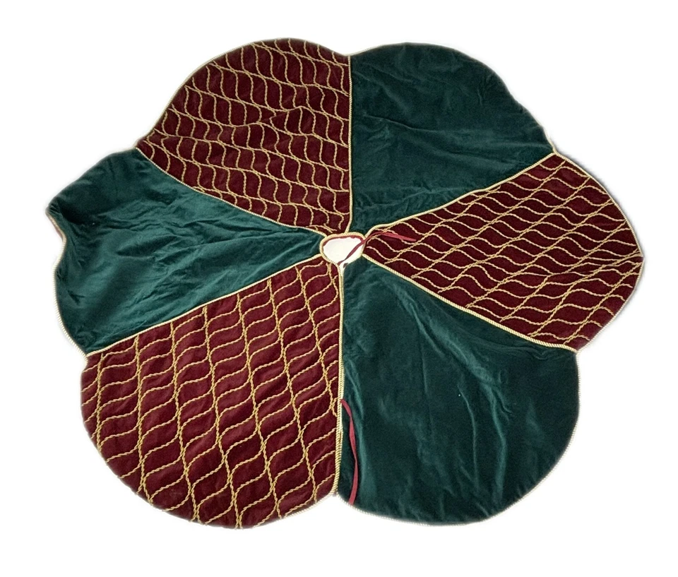 Christmas Tree Skirt Red Green Cotton Velvet Gold Beads Heavy - Image 1 of 4