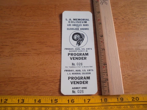 1971 Los Angeles Rams v Cleveland Browns NFL Football FULL vender ticket L Kelly Cover