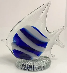 Art Handblown Glass Angel Fish Blue & White Striped Figurine Paperweight 5" - Picture 1 of 9