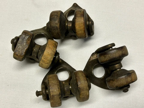 4 Antique c1860 Double Wood Swivel Wheel CASTERS Cast Iron Metal Wheels Cover