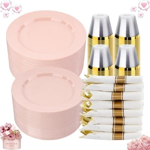 350 PCS Pink Plastic Dinnerware Set for 50 Guests, 100 7/10inch, - Picture 1 of 6