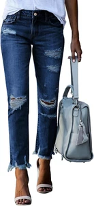 Women'S Ripped Jeans Straight Leg Distressed Boyfriend Denim Pants - Picture 1 of 12