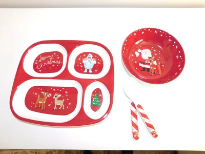 Pottery Barn Kids Rudolph Dinner Set Melamine Plate, bowl, utensils NIB - Image 1 of 4
