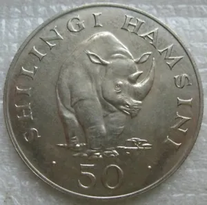 Tanzania 50 Shilingi 1974 Silver UNC Coin Conservation Series Black Rhinoceros - Picture 1 of 2