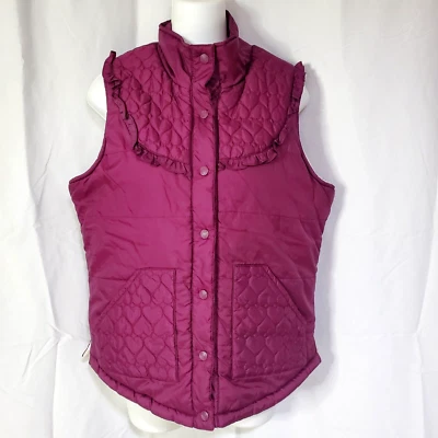 ROXY Snap Front Maroon Fur Sherpa Lined Vest Jacket Womens Sz XL Quilted Hearts - Image 1 of 4
