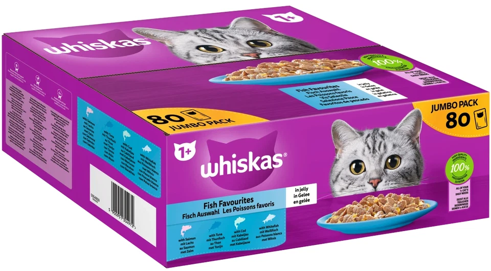 Whiskas Adult 1 Katzennassfutter Fisch-Auswahl in Gelee 80x85g Beutel