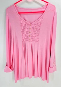 Kim Rogers NWT Top Pullover PXL Womens Pink Quarter Button Front Roll Up Sleeve - Picture 1 of 9
