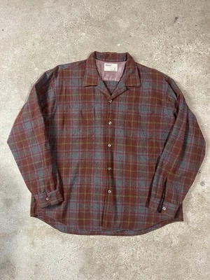 Vintage 50s 60s Plaid Flannel Loop Collar Red Burgundy XL Wool Blend Shirt USA - Image 1 of 4