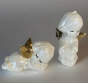 2 Vtg Christmas Ceramic White & Gold Lusterware Angel Cherub Figurine Japan - Picture 1 of 14
