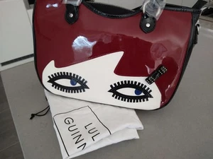 Lulu Guinness sml Doll Face WANDA in BLACK CHERRY patent and canvas BNWT rare!! - Picture 1 of 18