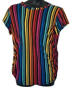 Rainbow Stripe Short Sleeve Womens Top 90% Polyester 10% Spandex Casual Lightwei - Picture 1 of 6