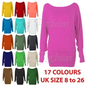 Womens Batwing Long Sleeve Top Ladies Plain Stretch Basic T-Shirt Tunic Tee Top - Picture 1 of 18