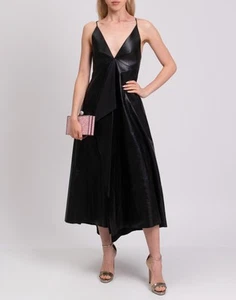 RRP€8000 VALENTINO Leather Flare Dress IT40 US4 UK8 S Black V Neck Made in Italy - Imagen 1 de 12