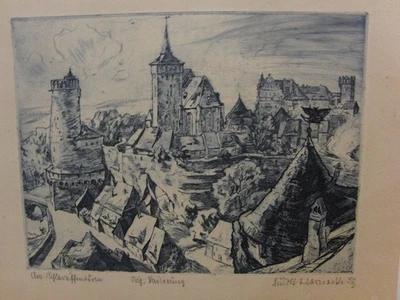 Rudolf ......? sign. Radierung 30er Jahre ungerahmt Mittelalterliche Burganlage - Bild 1 von 4