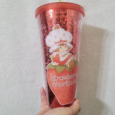 StrawBerry Shortcake 红色闪光亚克力 32 盎司 LG 不倒翁 带盖子和吸管 全新 — 第 1/4 张图片
