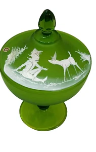 Vintage Westmoreland Glas Green Mist satiniert mattiert Standfuß Deckel Bonboniere - Bild 1 von 12