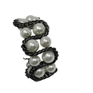 Faux Pearl Bracelet Gun Metal Rope Wide Adjustable 8 inches - Picture 1 of 8