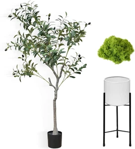 Artificial Plant Indoor, 5FT Fake Plants with White Tall Planter, Faux Silk Tree - Picture 1 of 12