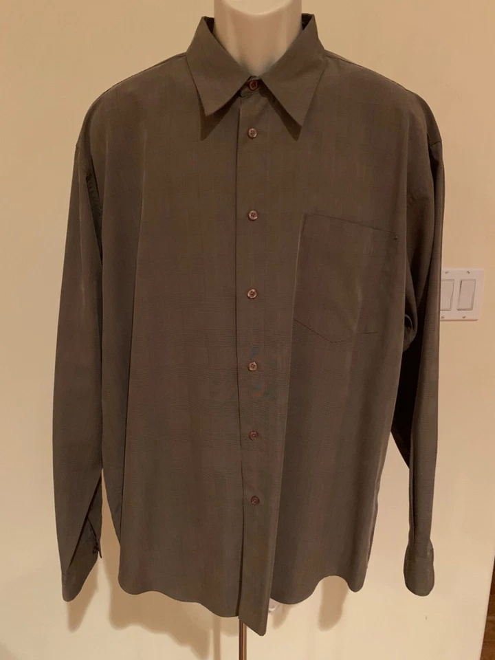 Camisa elegante ALFANI para hombre color topo a cuadros microfibra manga larga con botones XL Foto 1 de 4