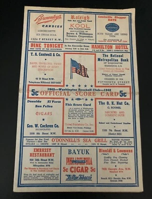 Vintage 1942 Washington Senators vs. New York Yankees Scorecard - Joe DiMaggio - Image 1 of 3